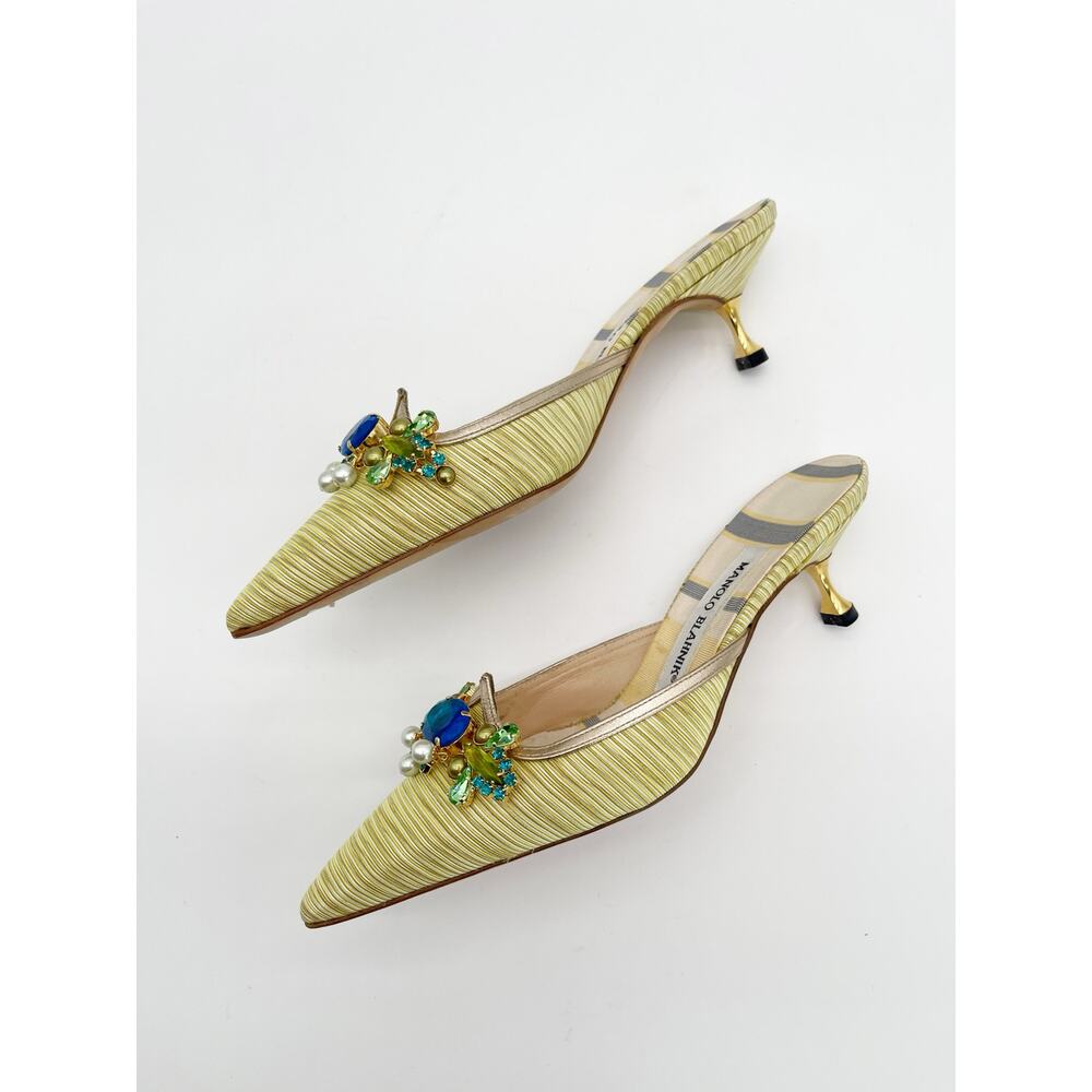 Manolo Blahnik Retro Green Striped Crystal Pointed Toe Kitten Heel Mules IT 36.5 - Picture 6 of 12